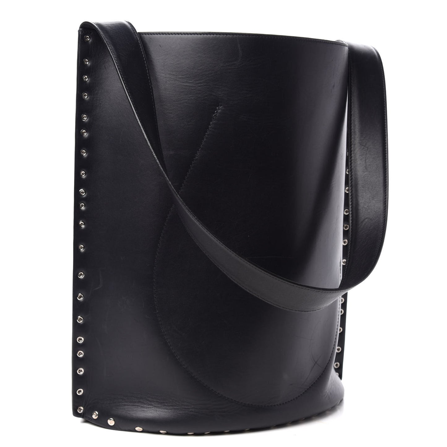 Satinated Natural Calfskin Large Studs Bucket Shoulder Bag Dark Navy