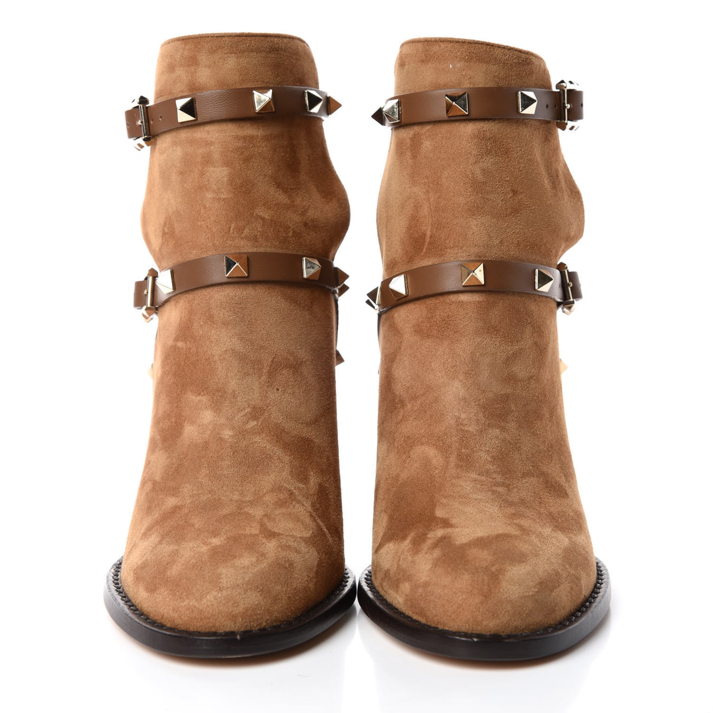Suede Rockstud Double Buckle 100mm Block Heel Ankle Boots 36.5 Nocciola