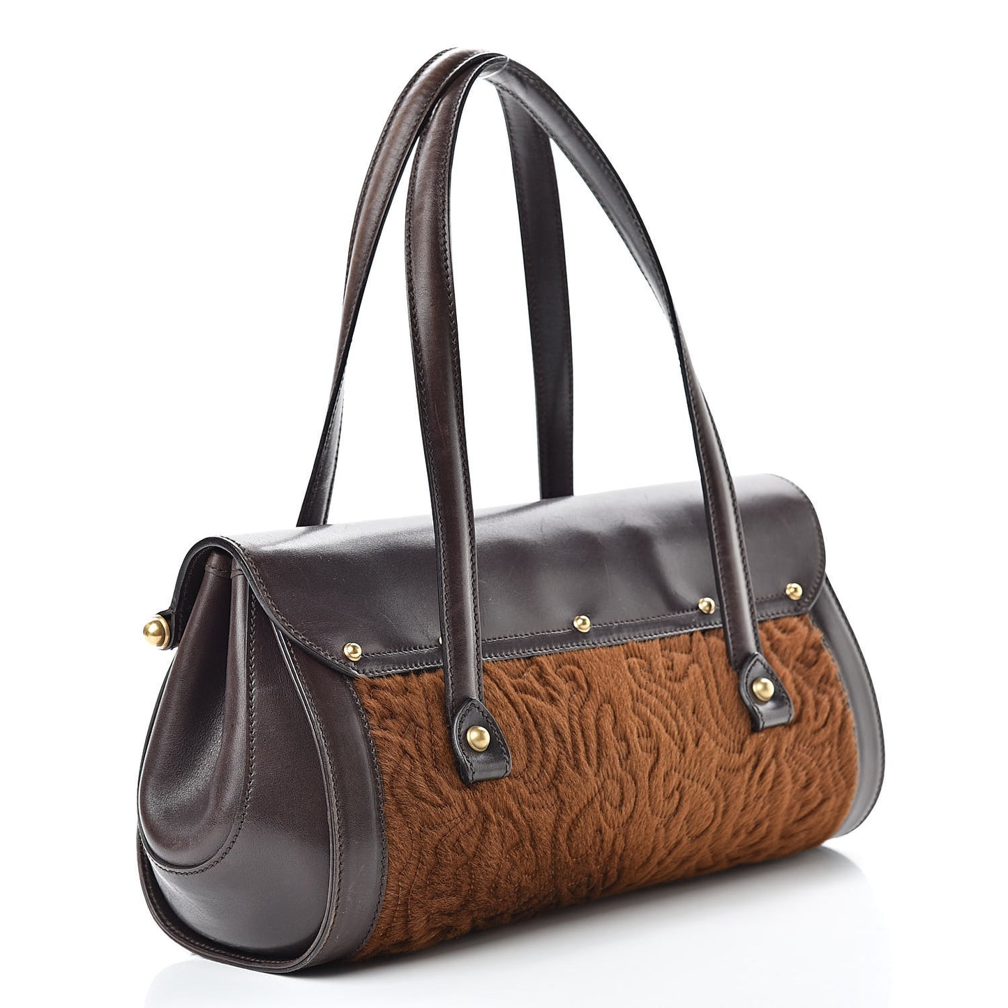 Calf Hair Calfskin Bamboo Bullet Satchel Brown