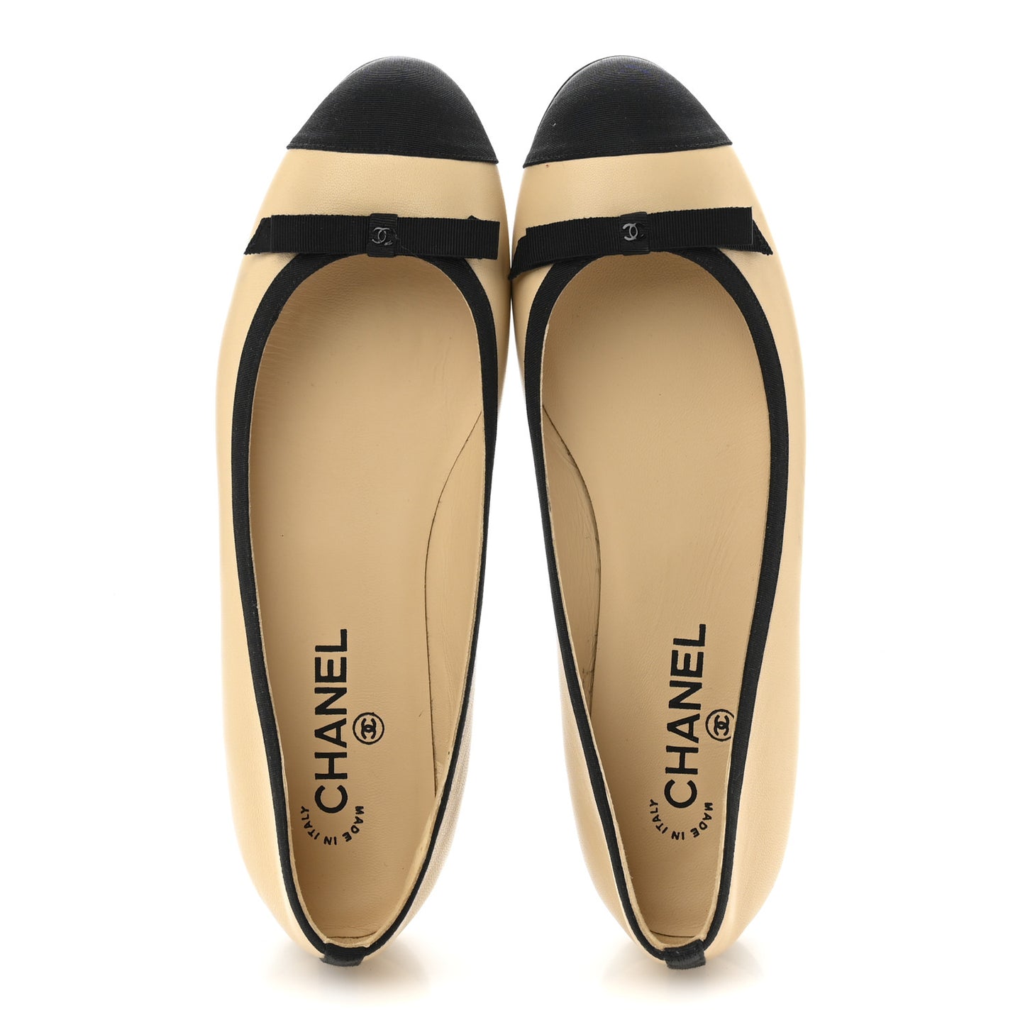 Lambskin Grossgrain Cap Toe Bow CC Ballerina Flats 40 Beige Black