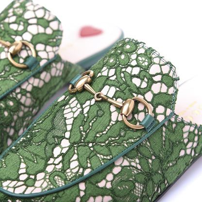 Gucci Lace Malaga Kid Womens Princetown Slippers 35 Green Grass Skin Rose 13 of 17