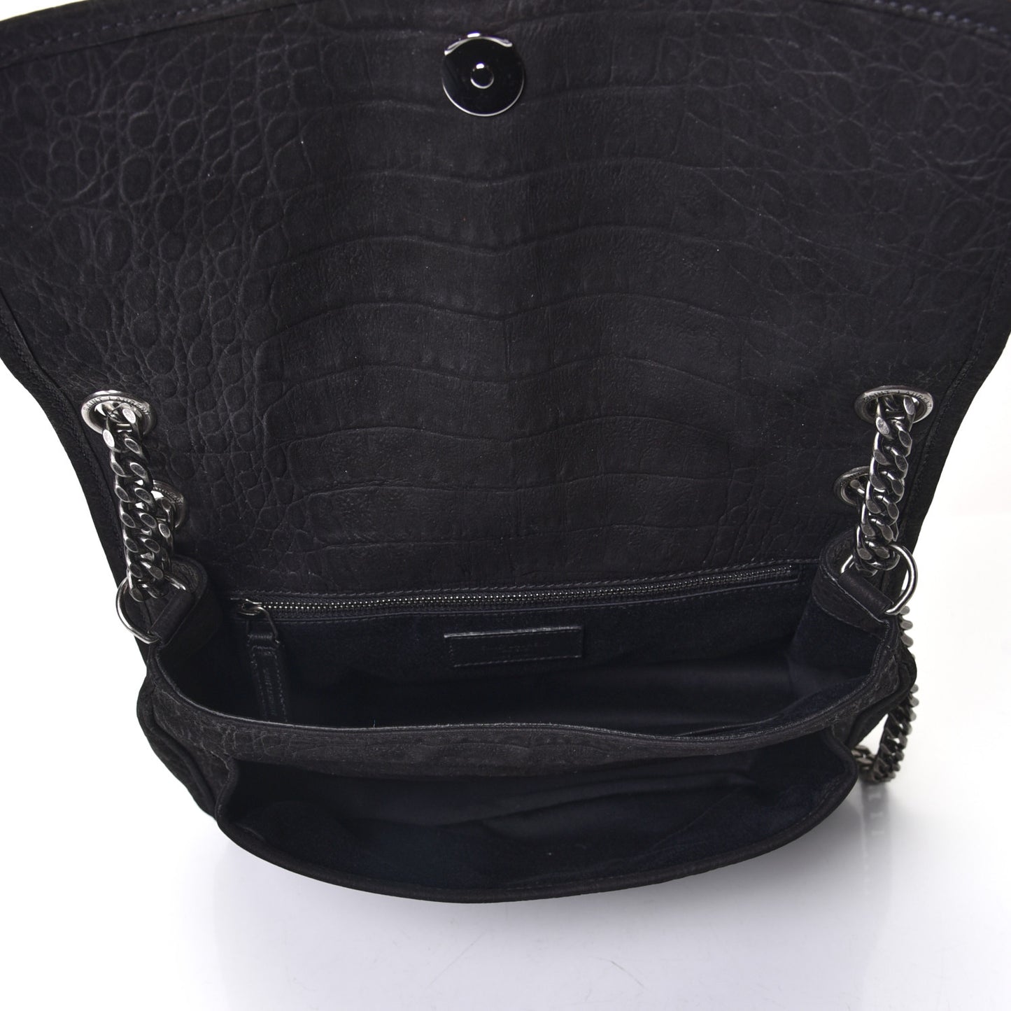 Nubuck Crocodile Embossed Monogram Medium Niki Chain Satchel Black