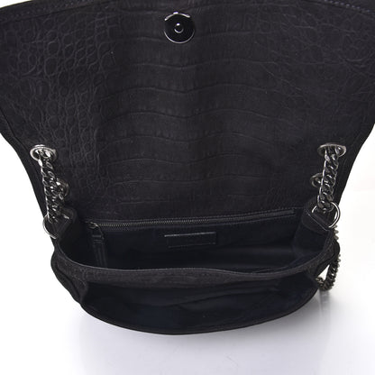 Saint Laurent Nubuck Crocodile Embossed Monogram Medium Niki Chain Satchel Black 8 of 10