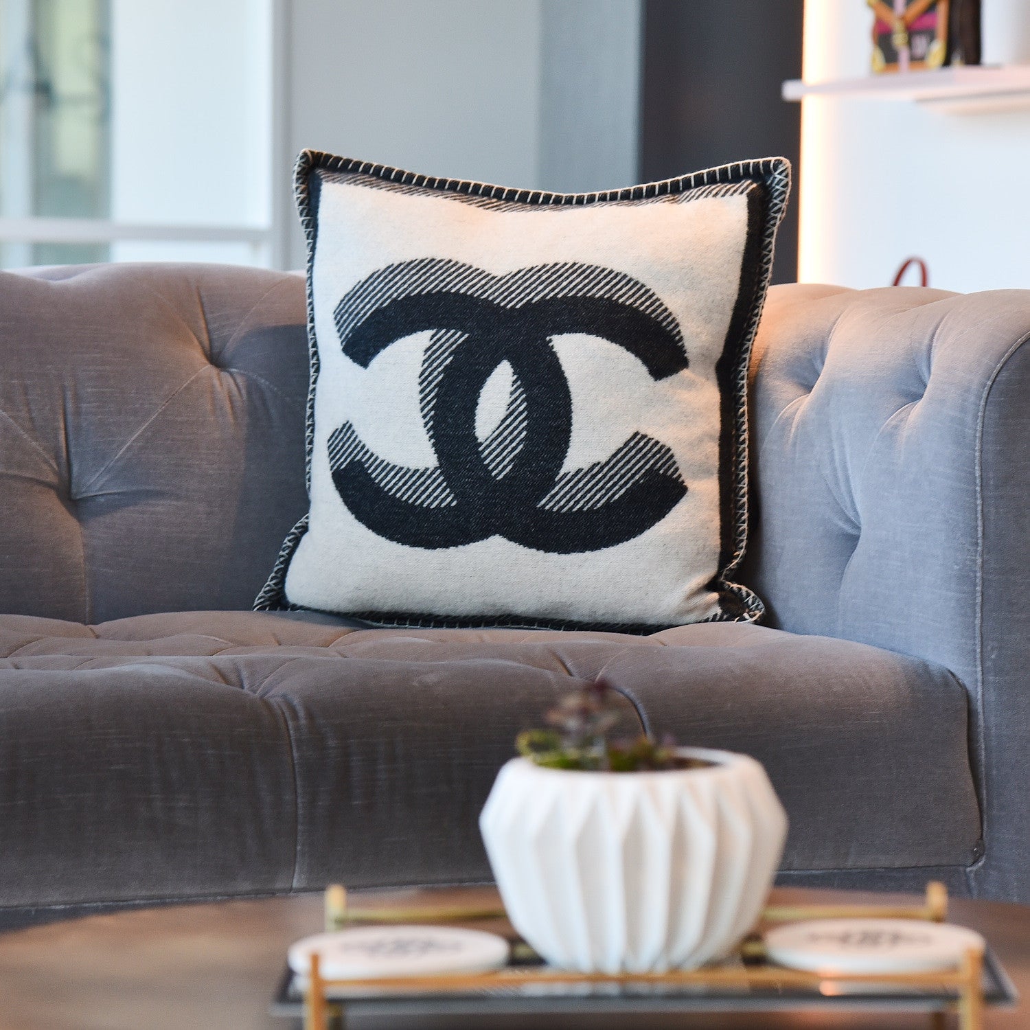 Chanel Merino Wool Cashmere CC Pillow Beige Black 2 of 5