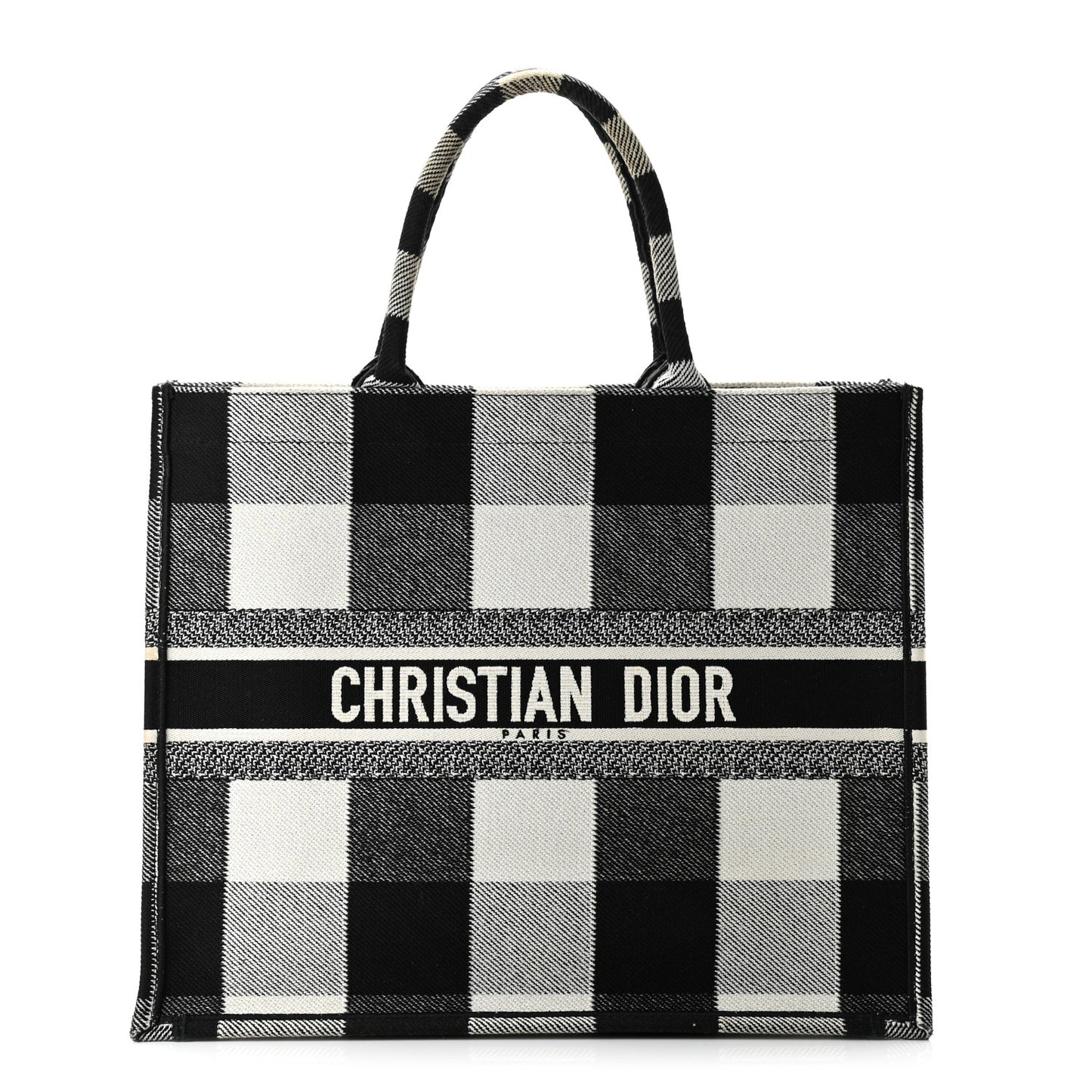 Canvas Embroidered Checkered Book Tote Black White
