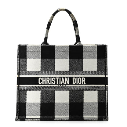 Christian Dior Canvas Embroidered Checkered Book Tote Black White 1 of 11