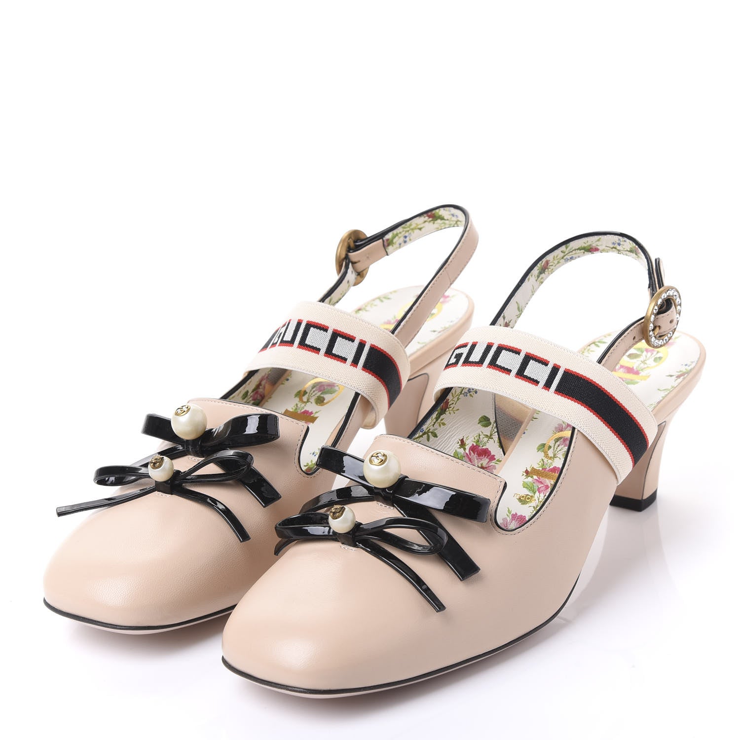 Gucci Malaga Kid Bow Ace Stripe Mid Heel Slingback Pumps 41 Beige 3 of 9