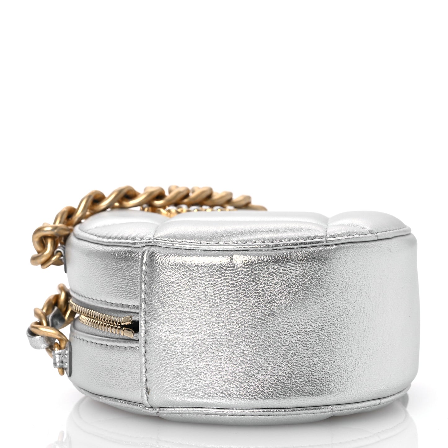 Metallic Lambskin Quilted Chanel 19 Round Clutch With Chain Silver