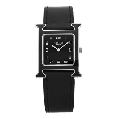 Hermes Stainless Steel Barenia Lacquer 26mm Heure H Hour Quartz Watch Noir 1 of 5