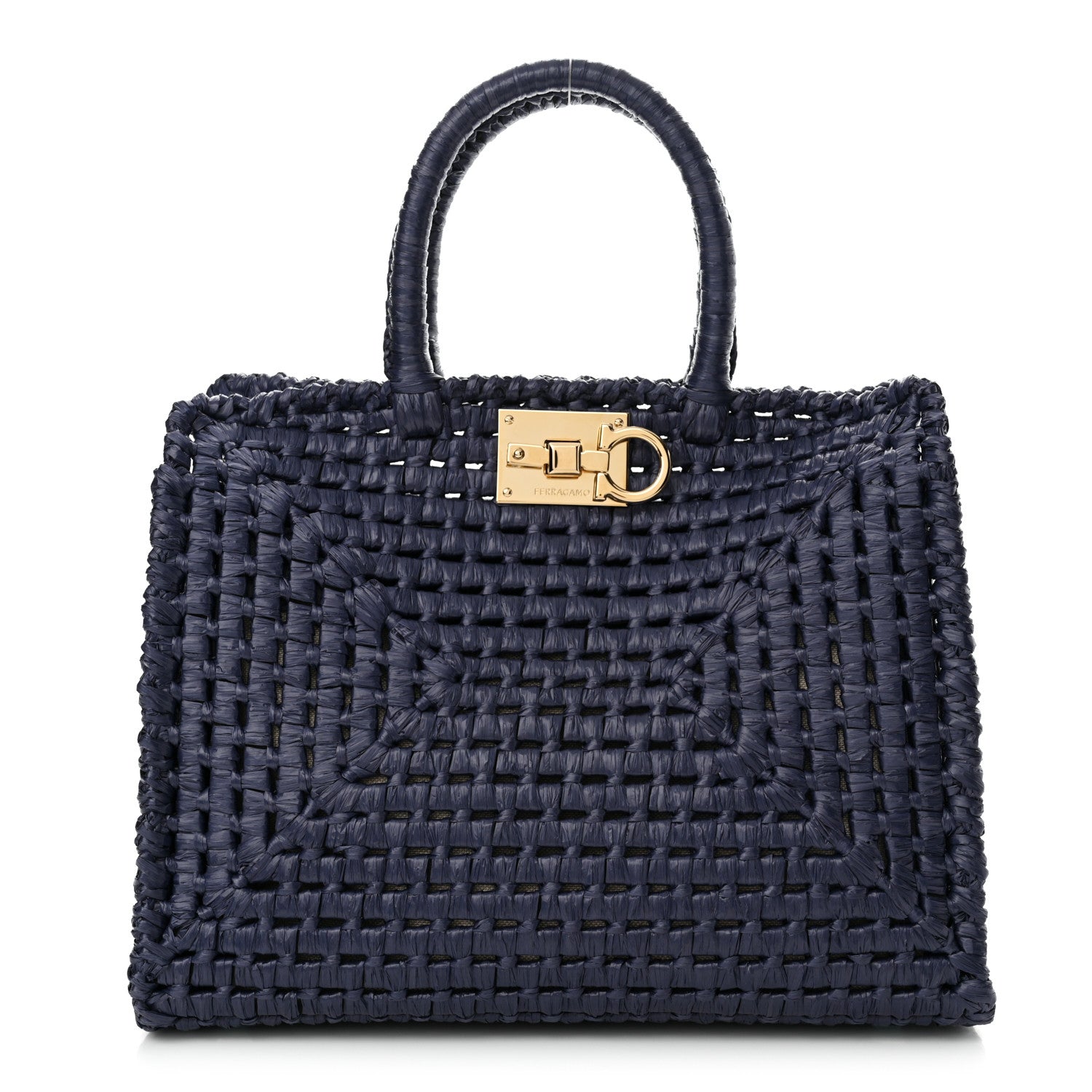 Salvatore Ferragamo Raffia Medium The Studio Box Bag Midnight 1 of 12