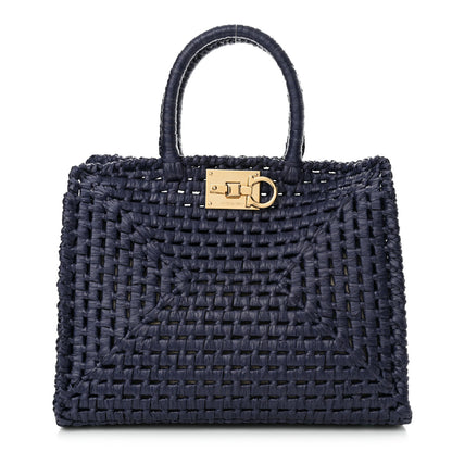 Salvatore Ferragamo Raffia Medium The Studio Box Bag Midnight 1 of 12
