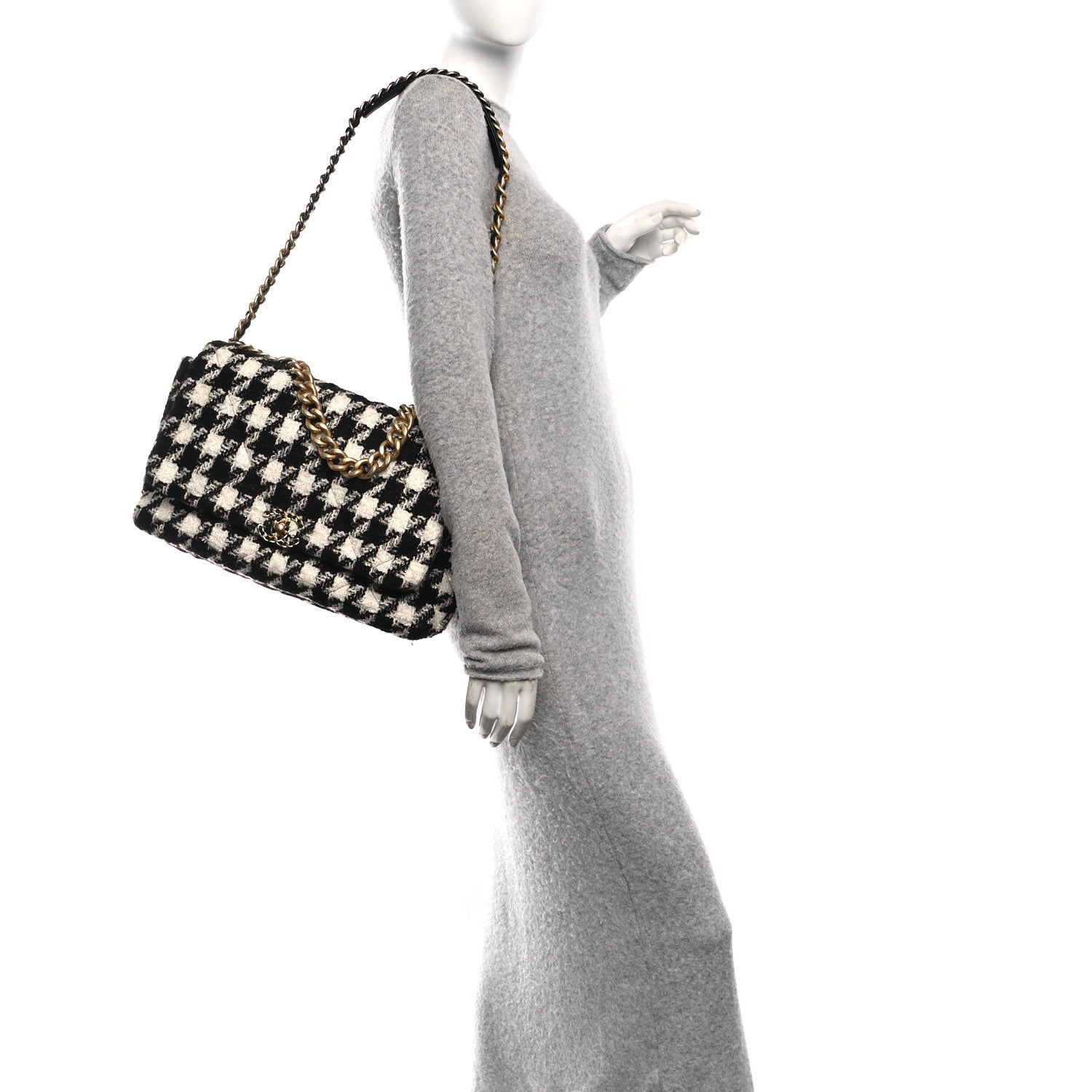 Chanel Tweed Quilted Maxi Chanel 19 Flap Black Ecru White 1855099