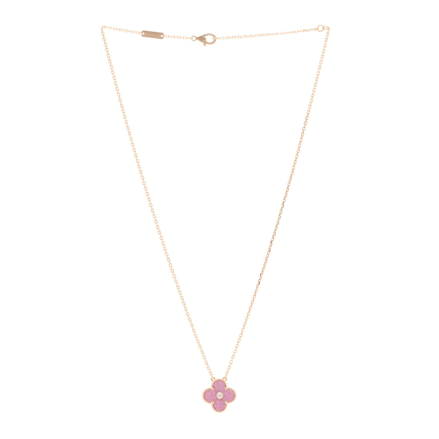 Van Cleef & Arpels 18K Rose Gold Diamond Rhodonite Vintage Alhambra Pendant Necklace 3 of 6