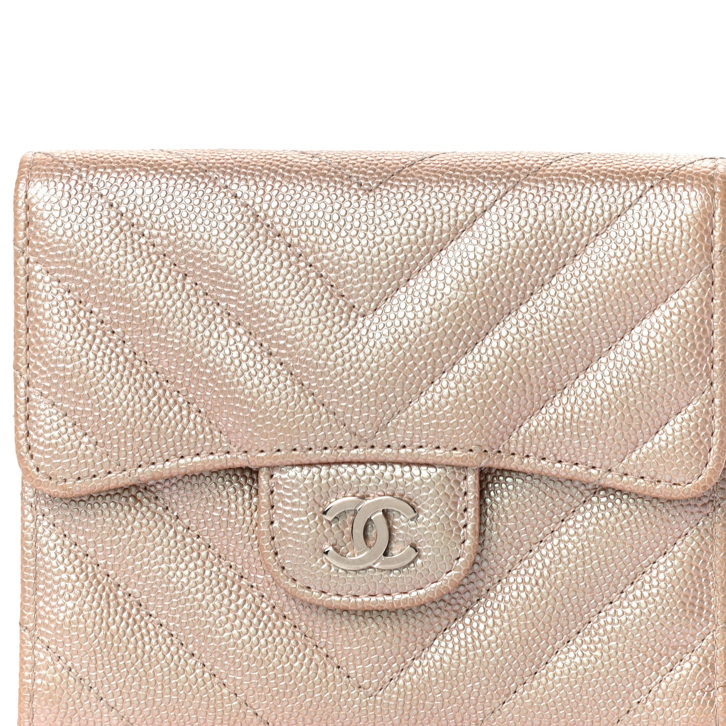 Metallic Caviar Chevron Quilted Compact Flap Wallet Light Gold