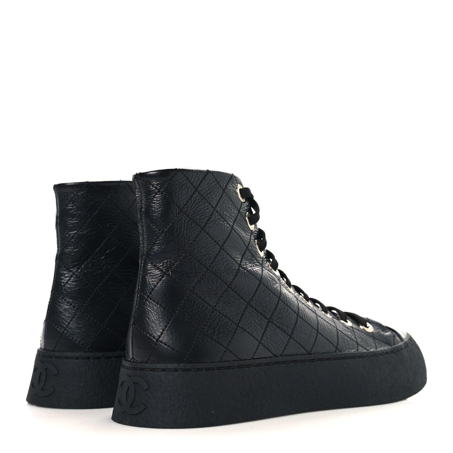 Chanel Crumpled Lambskin Patent Cap Toe CC Stitched High Top