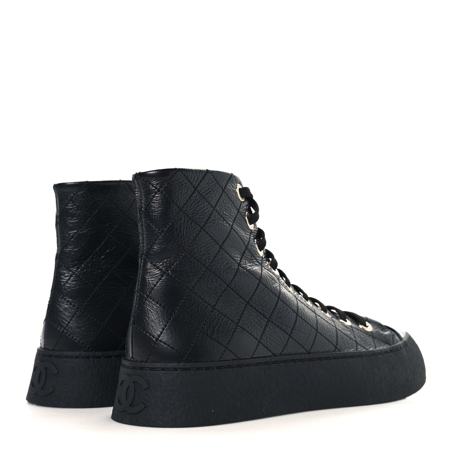 Crumpled Lambskin Patent Cap Toe CC Stitched High Top Sneakers 37.5 Black
