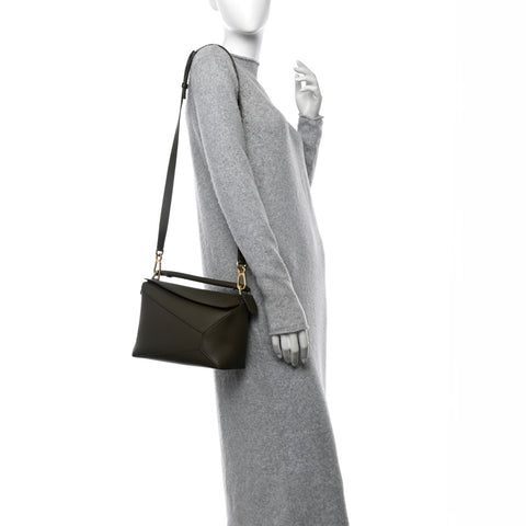 Calfskin Small Puzzle Edge Bag Dark Khaki Green