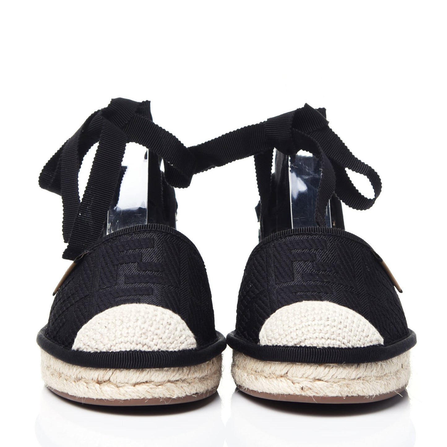 Canvas FF Embroidered Roma Ankle Wrap Flat Espadrilles 36 Black