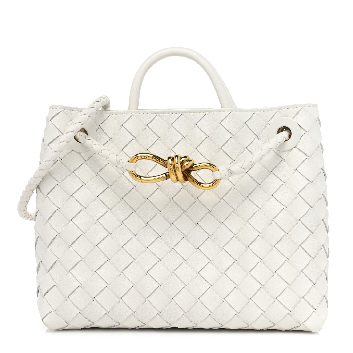 A photo of a white BOTTEGA VENETA Nappa Intrecciato Small Andiamo Shoulder Bag from FASHIONPHILE