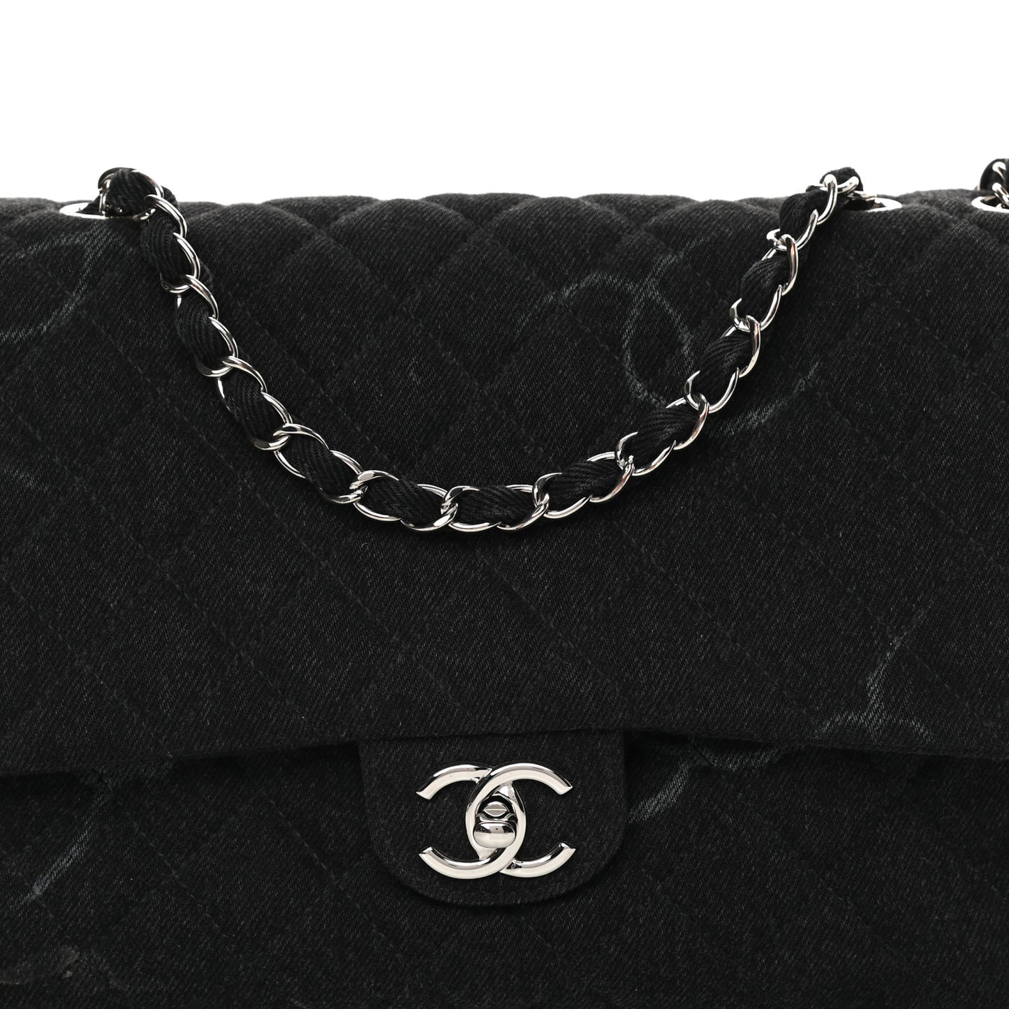 Denim Quilted CC Print Jumbo Single Flap Black