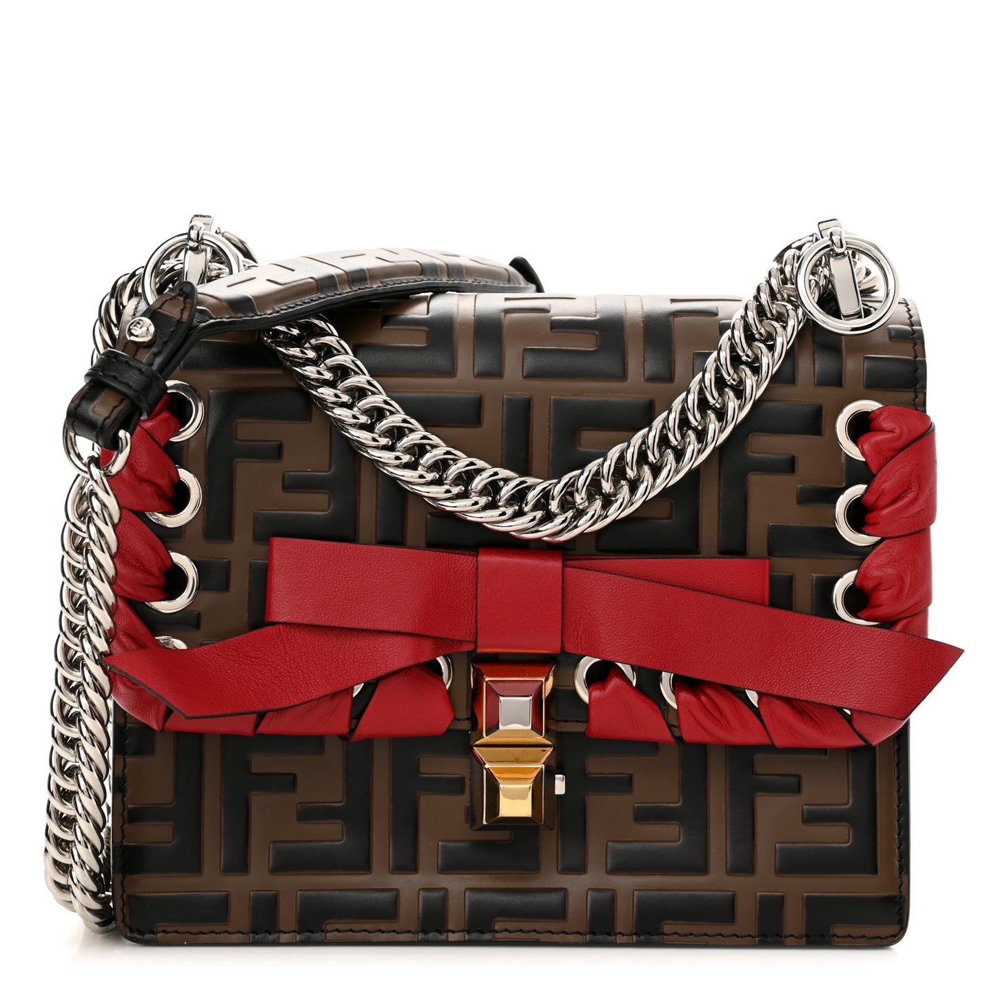 Vitello Shiny Nappa Bi-Color FF 1974 Lace Up Bow Embossed Small Kan I Shoulder Bag Maya Black Fragola