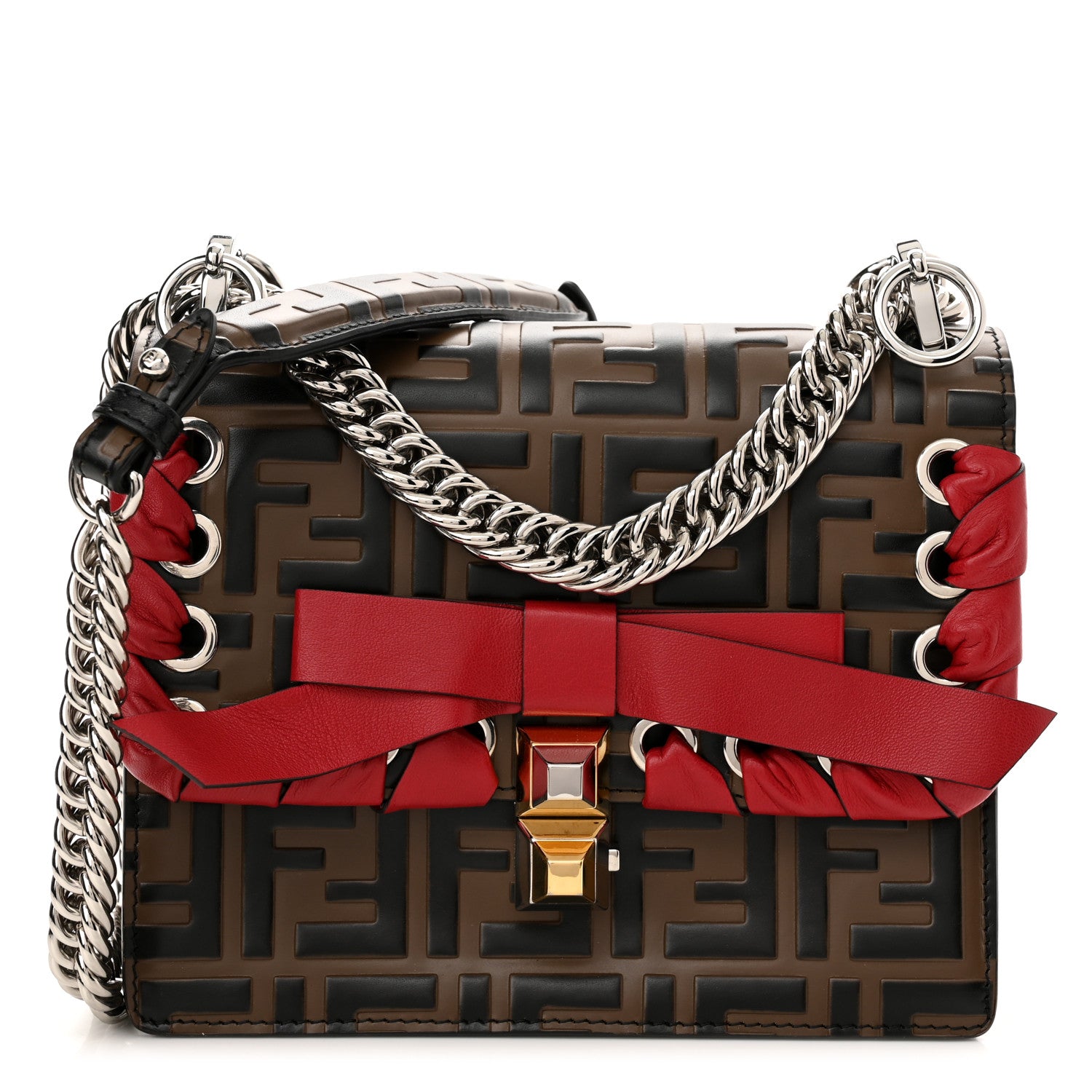 Fendi Vitello Shiny Nappa Bi-Color FF 1974 Lace Up Bow Embossed Small Kan I Shoulder Bag Maya Black Fragola 1 of 11