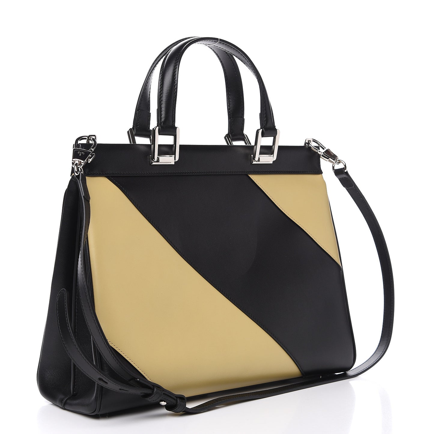 Smooth Calfskin Diagonal Striped Medium Zumi Top Handle Bag Black Beige