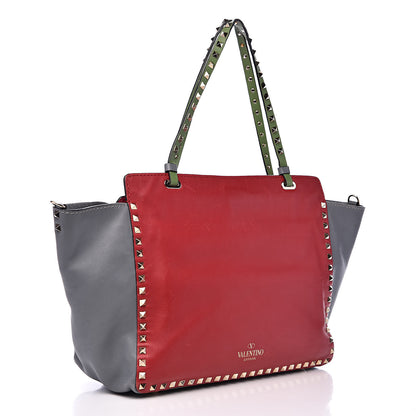 Valentino Garavani Vitello Colorblock Medium Rockstud Tote Deep Rose Clover Grey Scarlet 3 of 20