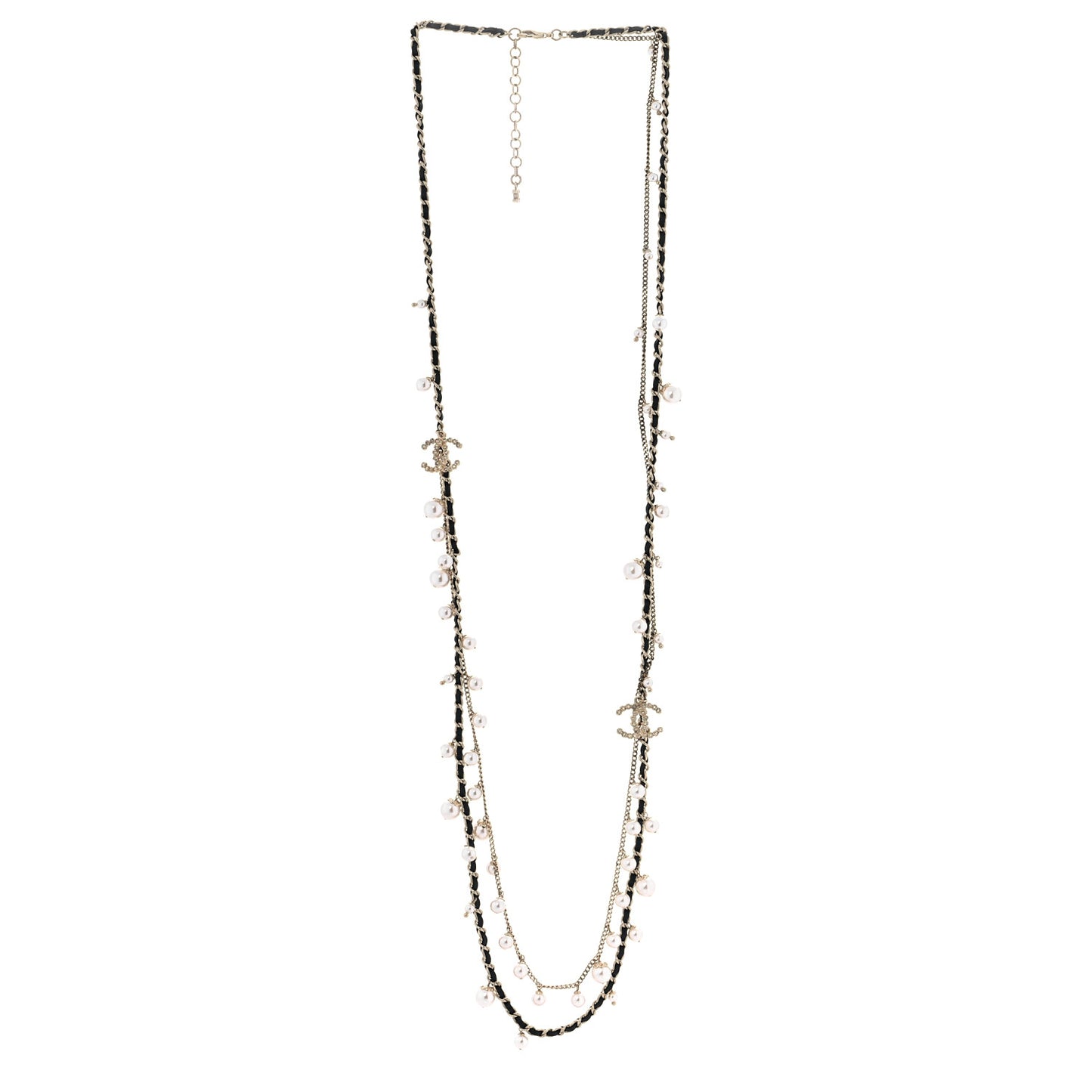 Lambskin Pearl CC Chain Multi Strand Necklace Black Gold