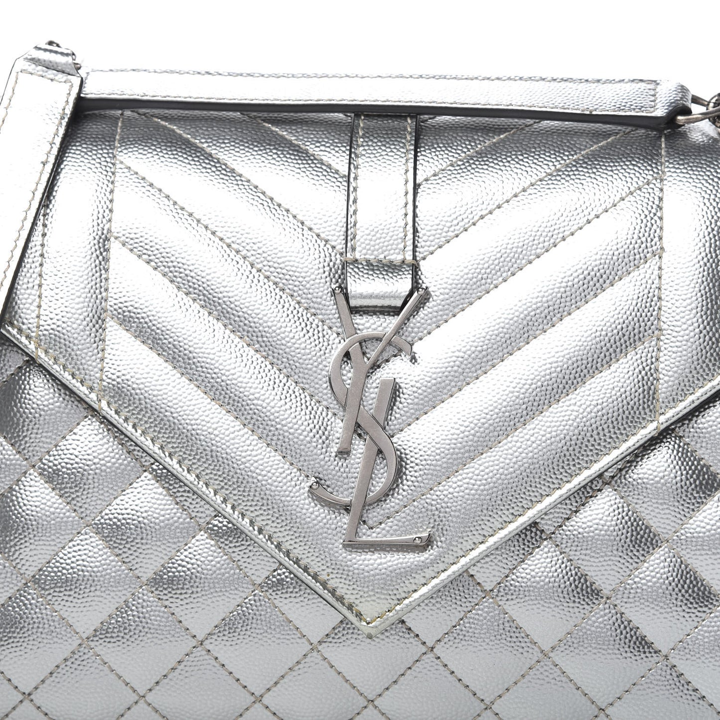 Metallic Grain De Poudre Textured Mixed Matelasse Triquilt Medium Monogram Satchel Silver