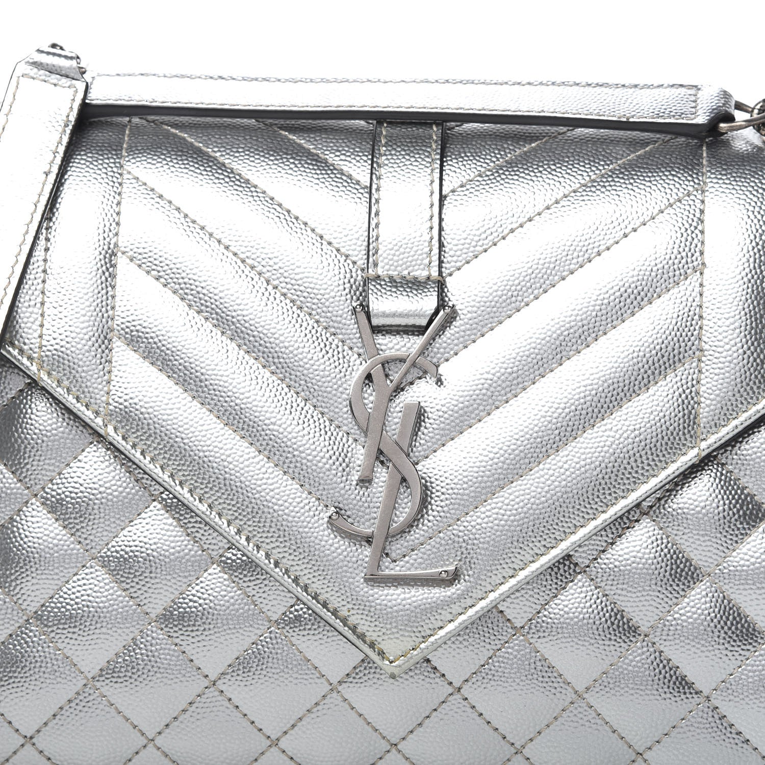 Saint Laurent Metallic Grain De Poudre Textured Mixed Matelasse Triquilt Medium Monogram Satchel Silver 9 of 9