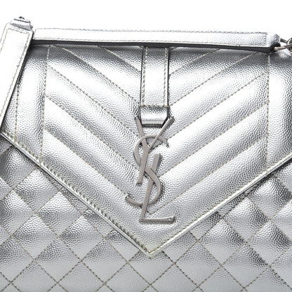 Saint Laurent Metallic Grain De Poudre Textured Mixed Matelasse Triquilt Medium Monogram Satchel Silver 9 of 9