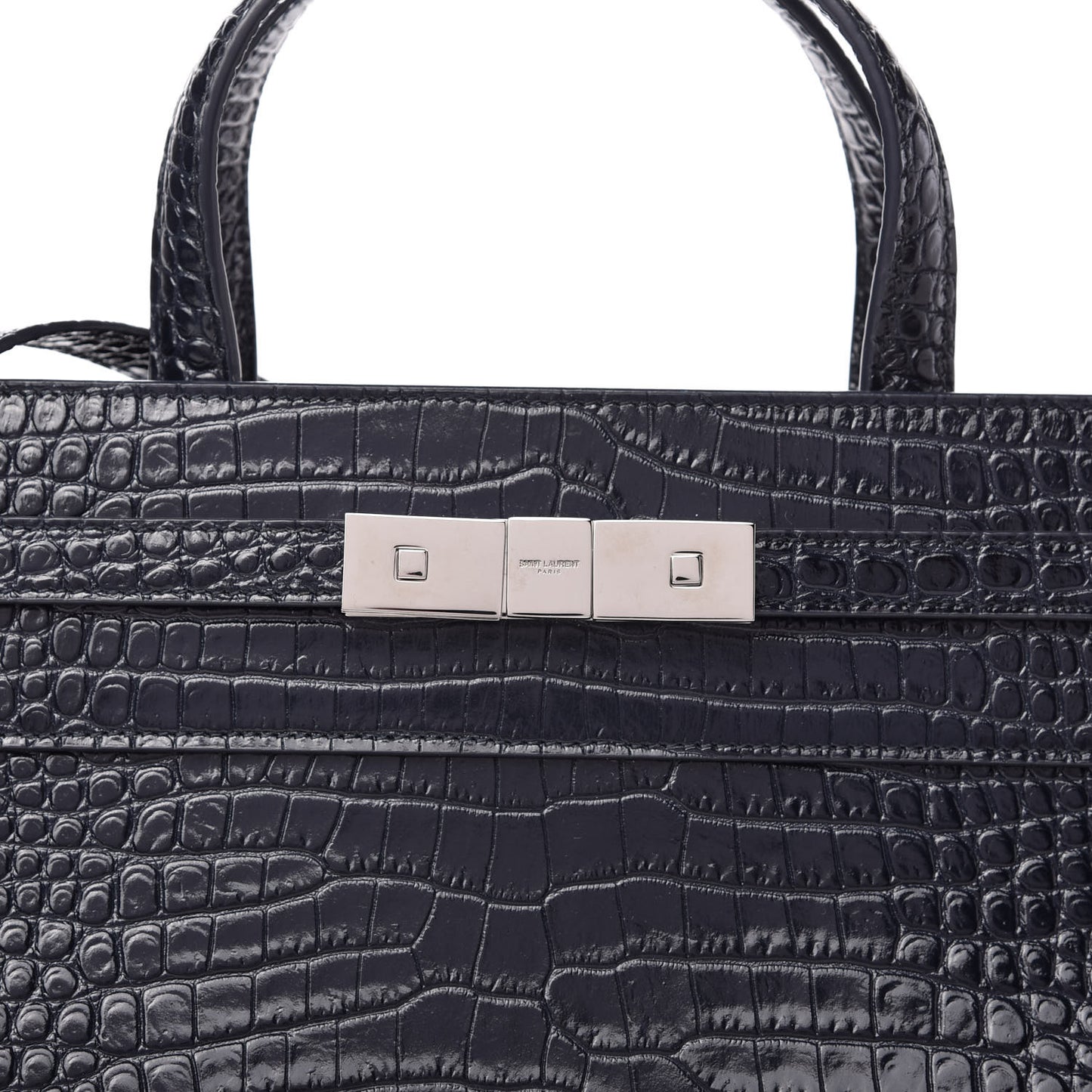 Shiny Calfskin Crocodile Embossed Small Manhattan Shopper Tote Deep Marine