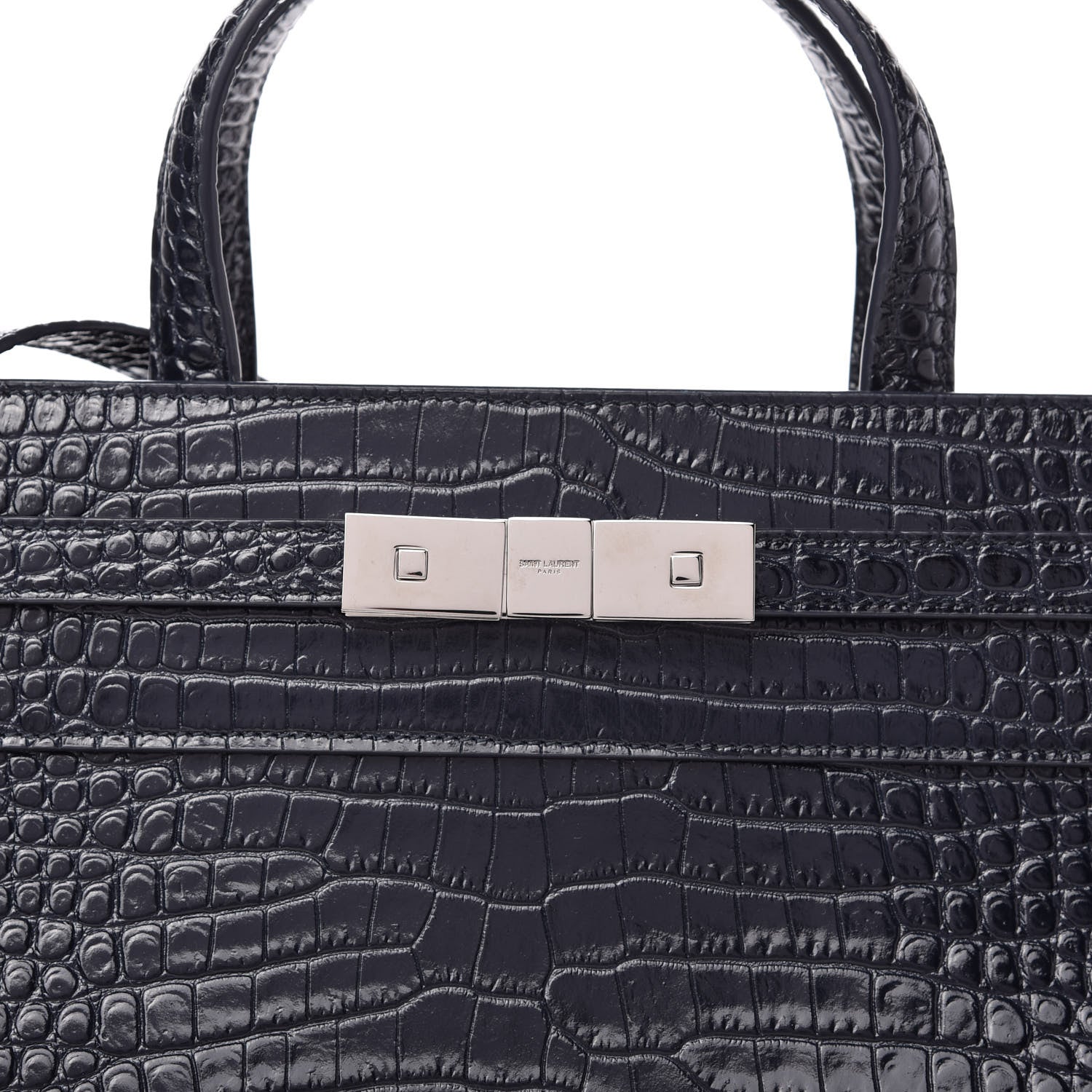 Saint Laurent Shiny Calfskin Crocodile Embossed Small Manhattan Shopper Tote Deep Marine 10 of 10