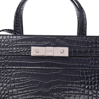 Saint Laurent Shiny Calfskin Crocodile Embossed Small Manhattan Shopper Tote Deep Marine 10 of 10