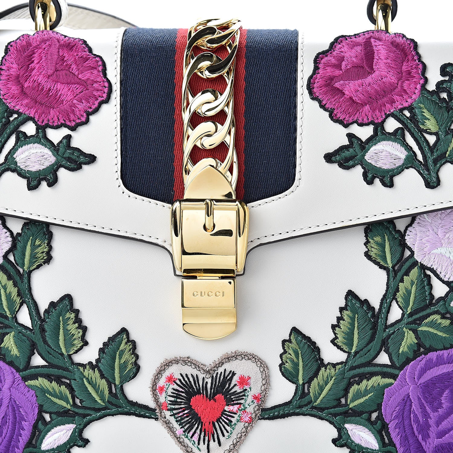 Gucci Calfskin Embroidered Medium Sylvie Top Handle Bag White 8 of 10