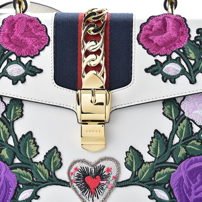 Gucci Calfskin Embroidered Medium Sylvie Top Handle Bag White 8 of 10