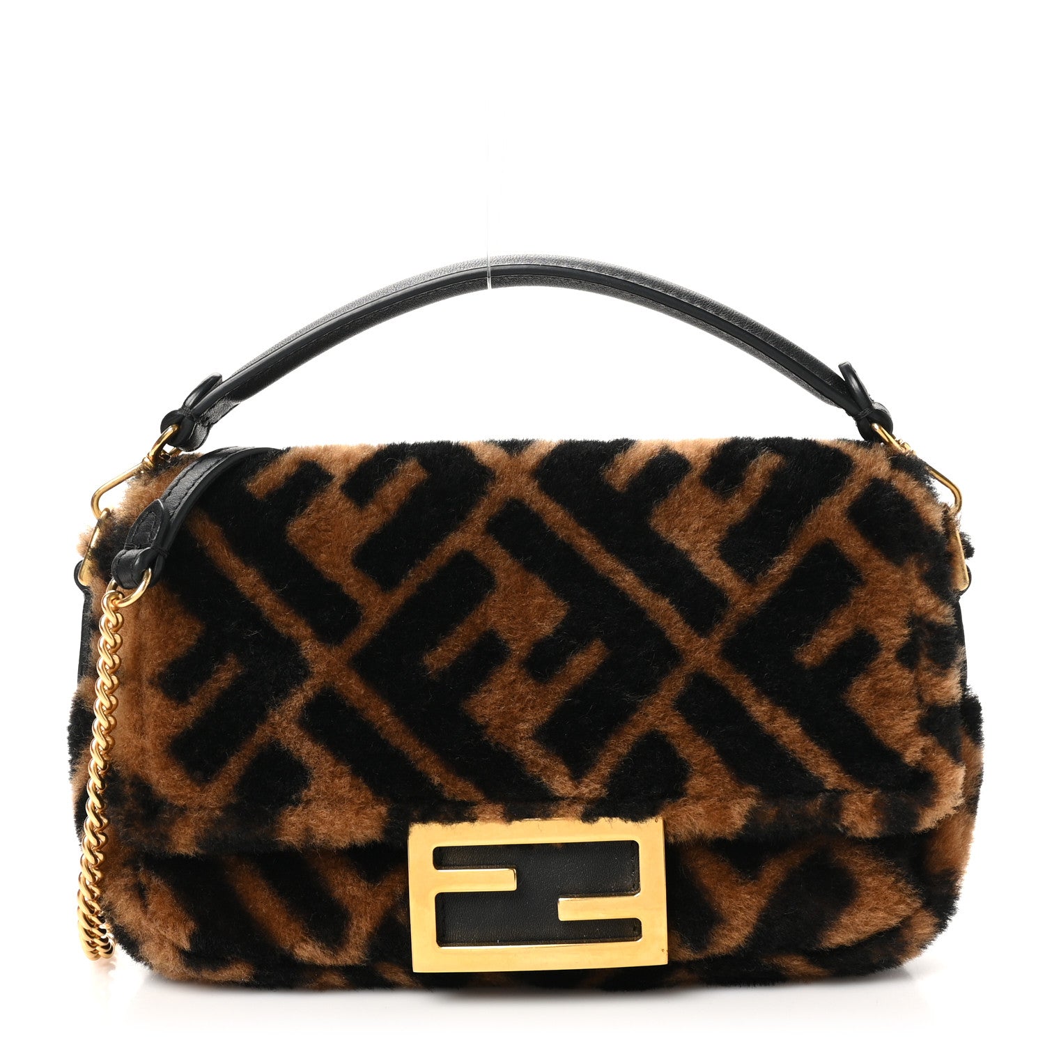 Fendi Shearling Vitello Dolce Macro FF 1974 Mini Baguette Tobacco Black 1 of 10