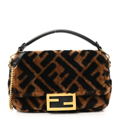 Fendi Shearling Vitello Dolce Macro FF 1974 Mini Baguette Tobacco Black 1 of 10