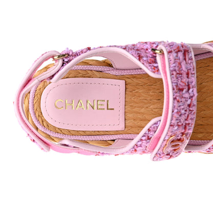 Chanel Tweed Patent Calfskin Velcro Dad Sandals 39 Light Purple Pink Red 7 of 9