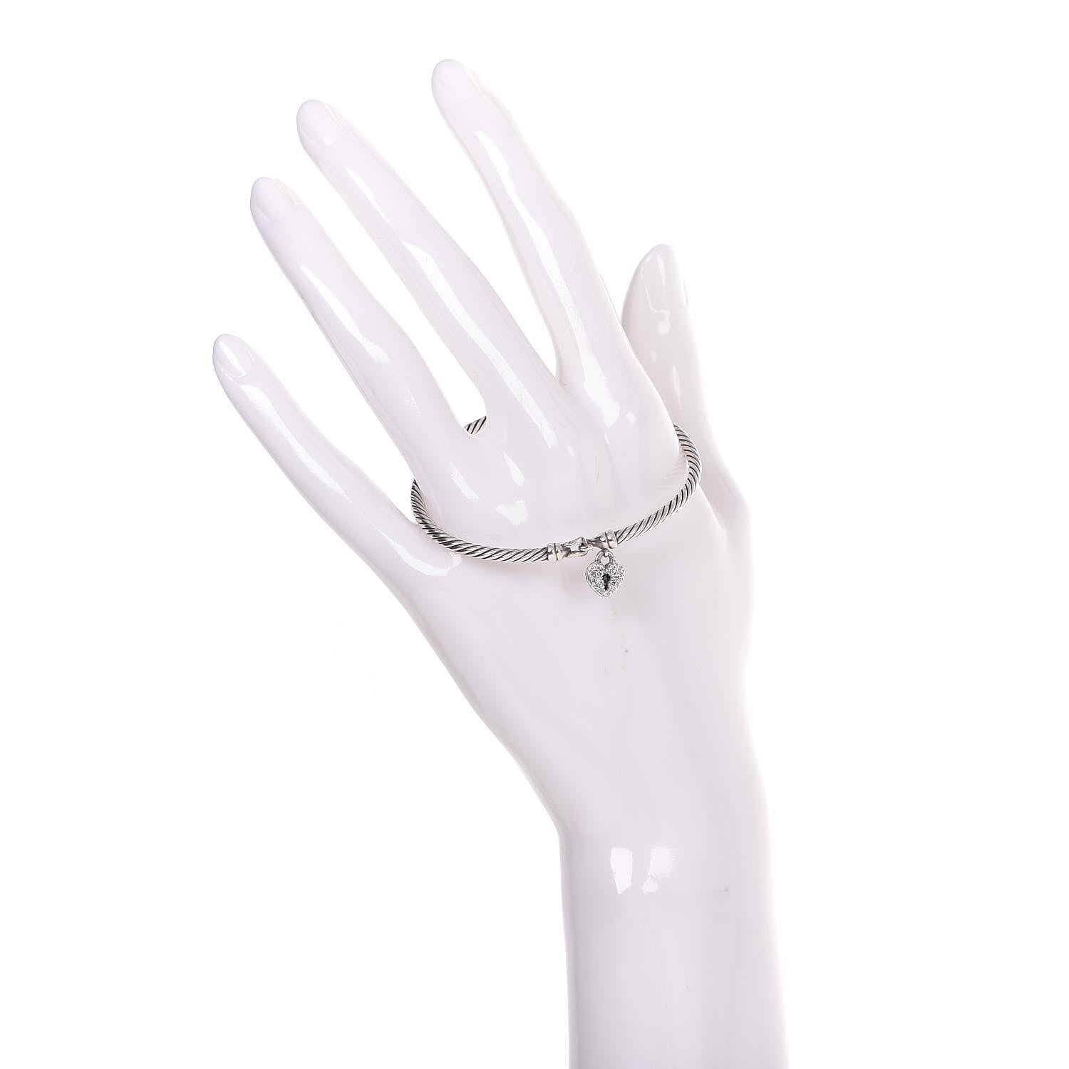 David Yurman Sterling Silver Diamond Heart Padlock Cable Bracelet 2 of 5