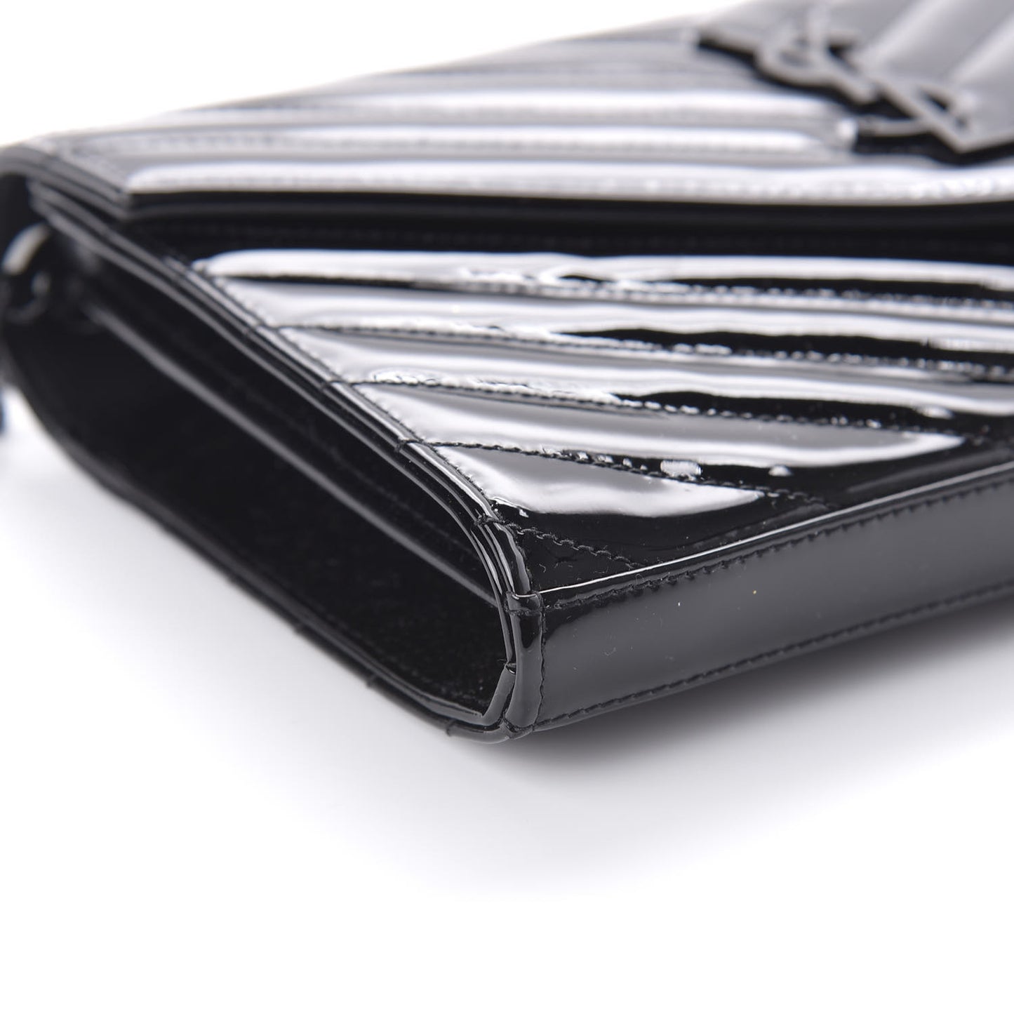 Patent Matelasse Chevron Monogram Chain Wallet Black