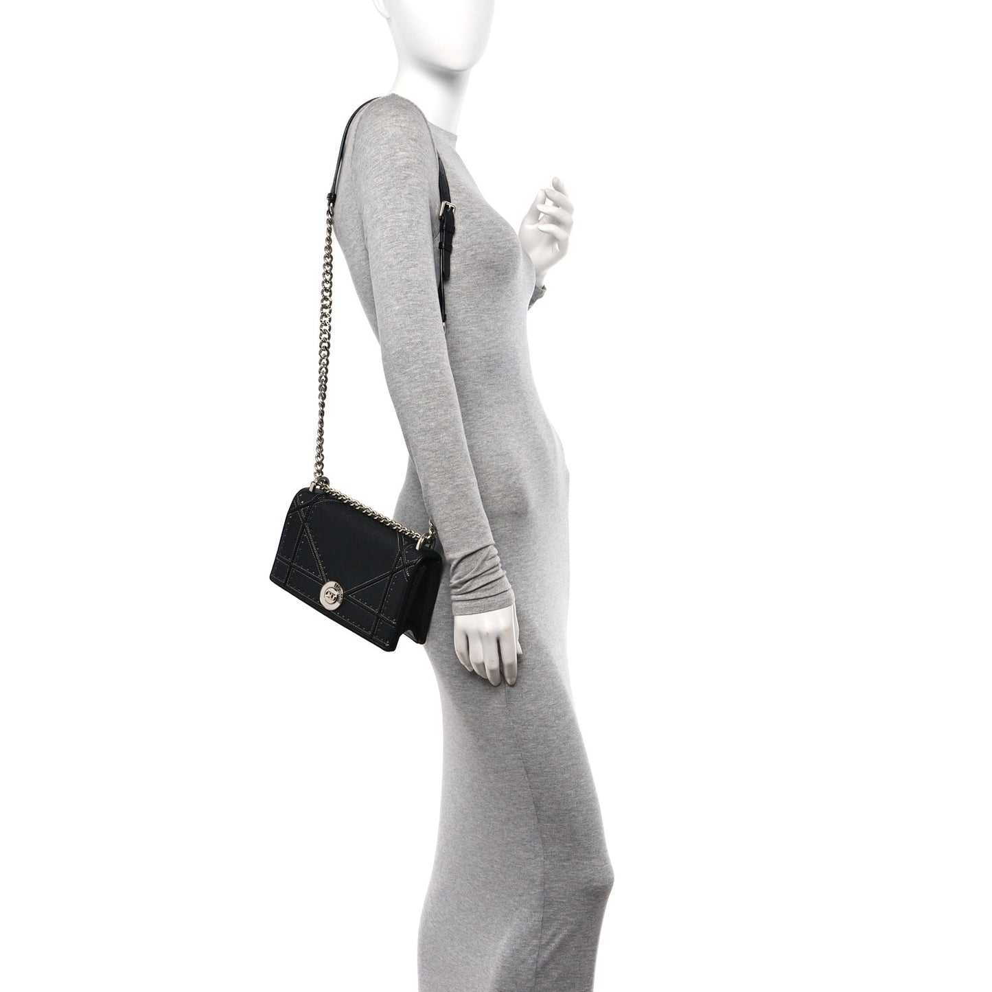 Grained Calfskin Perforated Diorama Flap Bag Black