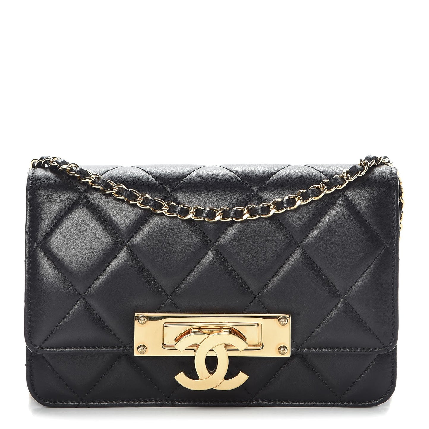 Lambskin Quilted Golden Class Wallet on Chain WOC Black