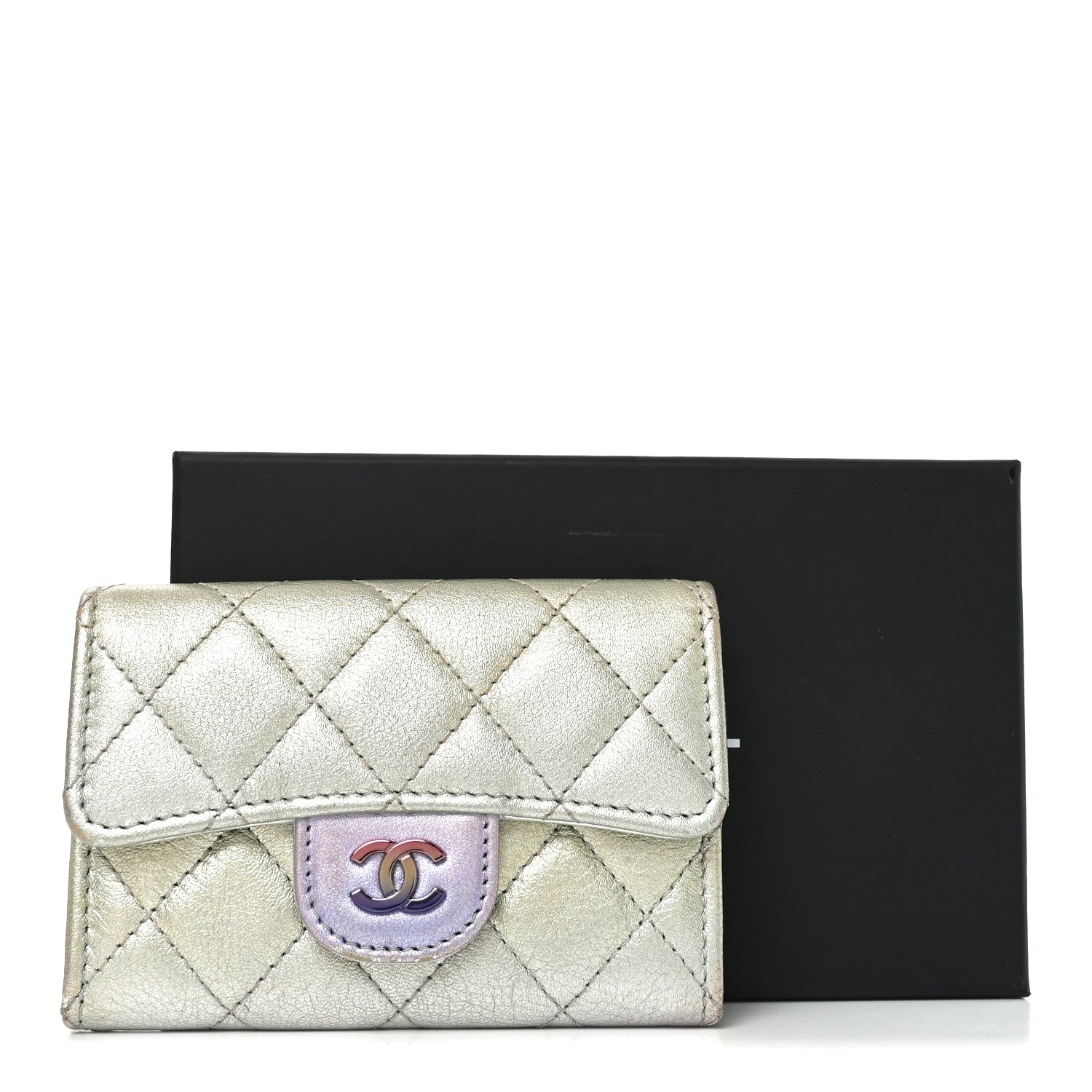 Chanel Gradient Metallic Calfskin Quilted Flap Card Holder Wallet Silver Blue Yellow Purple 8 of 8