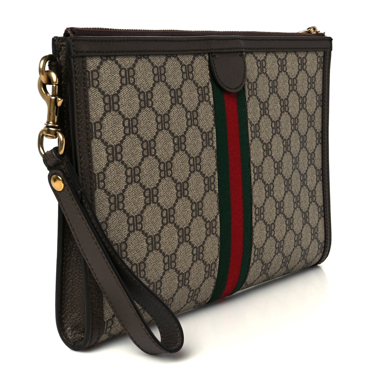 X BALENCIAGA BB Supreme Monogram Web Ophidia Wristlet Beige New Acero