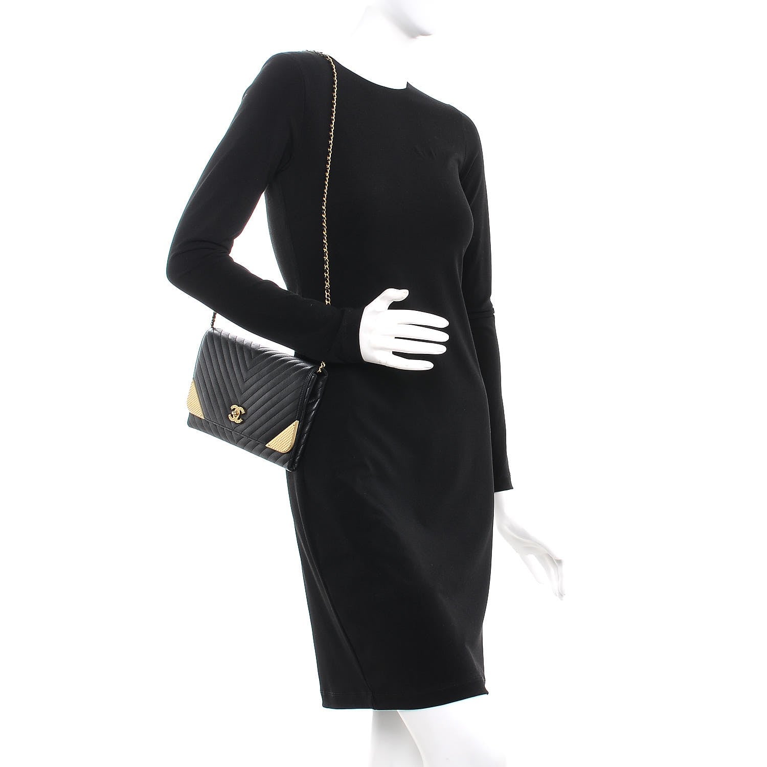 Chanel Calfskin Chevron Quilted Rock The Corner Clutch With Chain Black 2 of 7