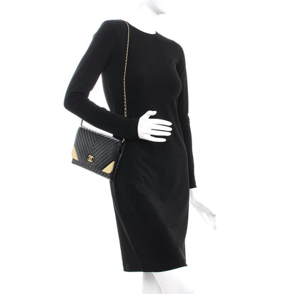 Chanel Calfskin Chevron Quilted Rock The Corner Clutch With Chain Black 2 of 7