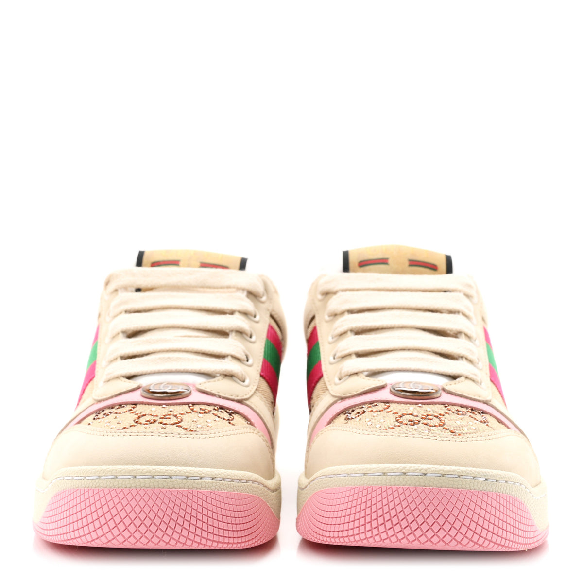 Calfskin GG Supreme Crystals Web Screener Sneakers 37 Beige Ebony Wild Rose