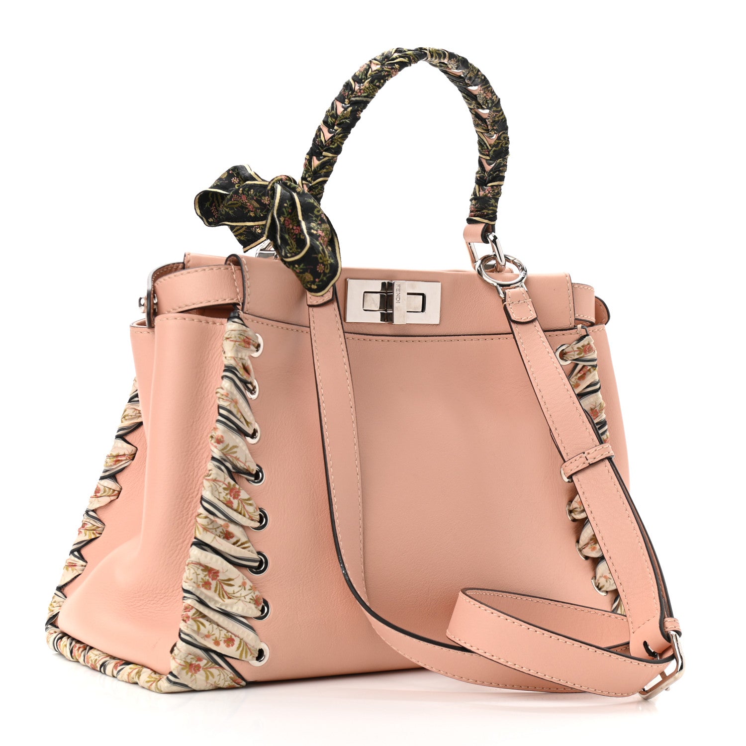 Fendi Vitello Seta Shiny Nappa Ribbon Lace Up Floral Medium Peekaboo Iconic Satchel Baby Pink Multicolor 3 of 12